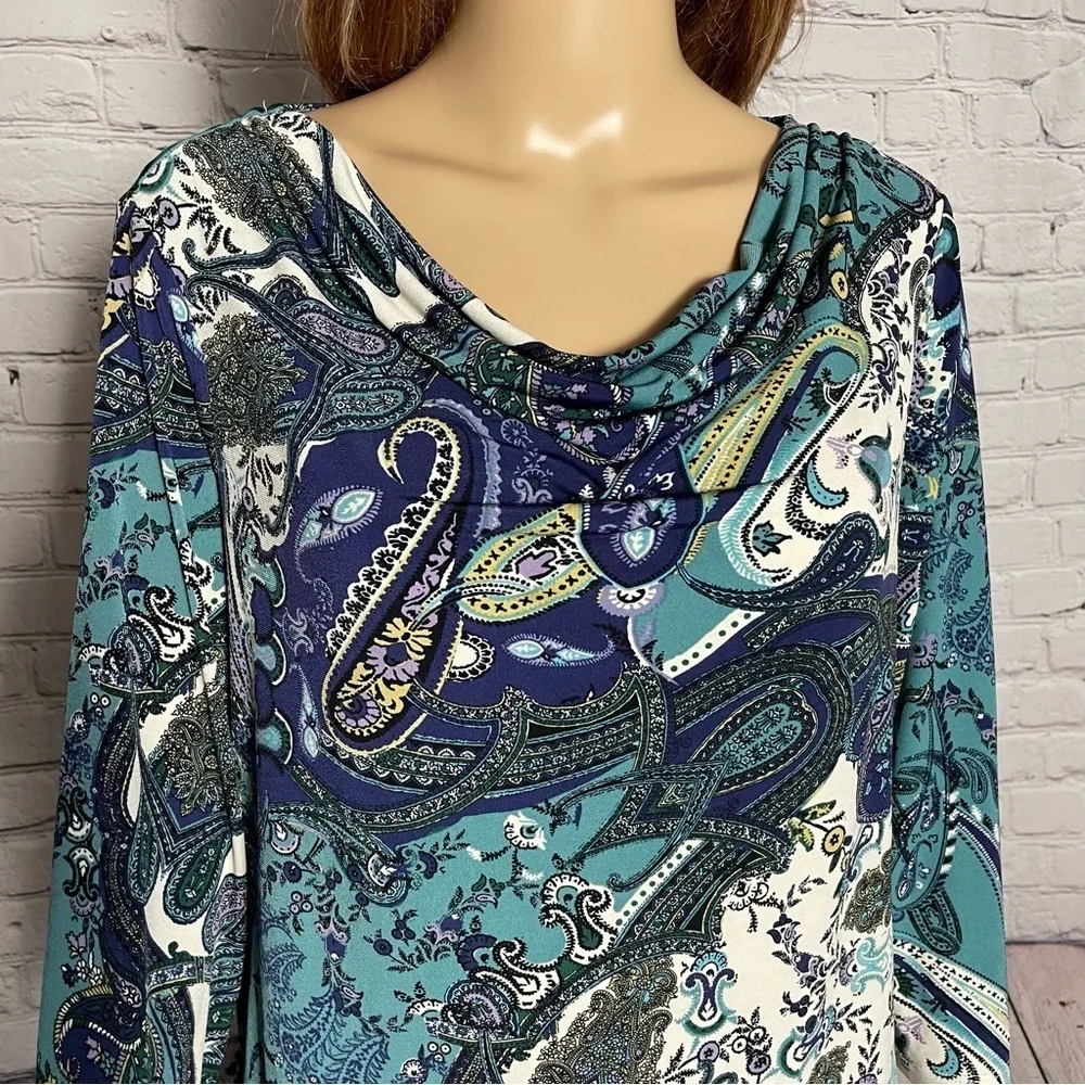 Chico's Cowl Neck 3/4 Sleeve Paisley Top Size 2 US L